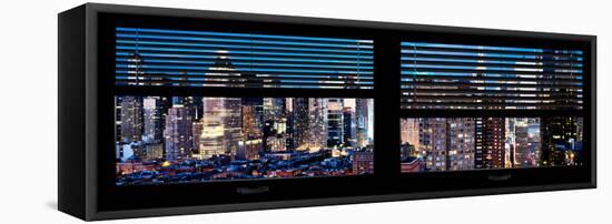 Window View with Venetian Blinds: 42nd Street and Times Square by Night-Philippe Hugonnard-Framed Stretched Canvas