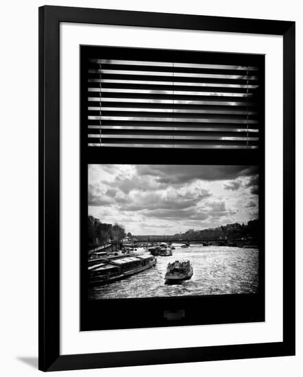 Window View with Venetian Blinds: Boats on the Seine River Views at Sunset - Paris, France-Philippe Hugonnard-Framed Photographic Print