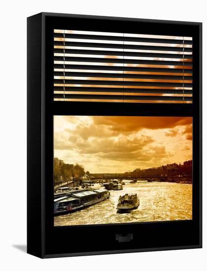 Window View with Venetian Blinds: Boats on the Seine River Views at Sunset - Paris, France-Philippe Hugonnard-Framed Stretched Canvas