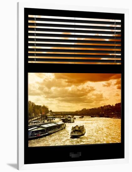 Window View with Venetian Blinds: Boats on the Seine River Views at Sunset - Paris, France-Philippe Hugonnard-Framed Photographic Print