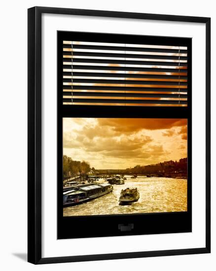 Window View with Venetian Blinds: Boats on the Seine River Views at Sunset - Paris, France-Philippe Hugonnard-Framed Photographic Print