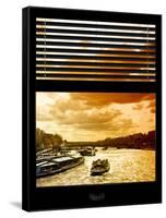 Window View with Venetian Blinds: Boats on the Seine River Views at Sunset - Paris, France-Philippe Hugonnard-Framed Stretched Canvas