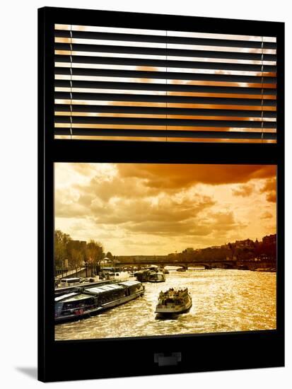 Window View with Venetian Blinds: Boats on the Seine River Views at Sunset - Paris, France-Philippe Hugonnard-Stretched Canvas