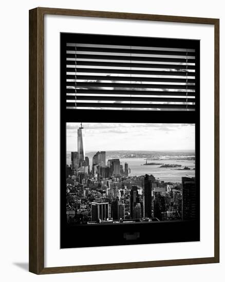 Window View with Venetian Blinds: Cityscape Manhattan Center (1 WTC) and Statue of Liberty View-Philippe Hugonnard-Framed Photographic Print