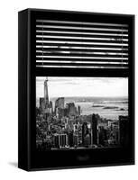 Window View with Venetian Blinds: Cityscape Manhattan Center (1 WTC) and Statue of Liberty View-Philippe Hugonnard-Framed Stretched Canvas