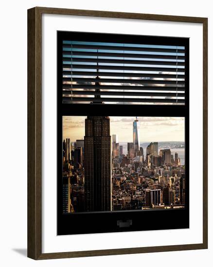 Window View with Venetian Blinds: Cityscape Manhattan with Empire State Building (1 WTC)-Philippe Hugonnard-Framed Photographic Print