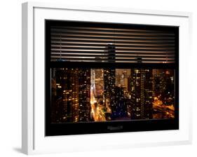Window View with Venetian Blinds: Landscape by Misty Night - 42nd Street at Times Square-Philippe Hugonnard-Framed Photographic Print
