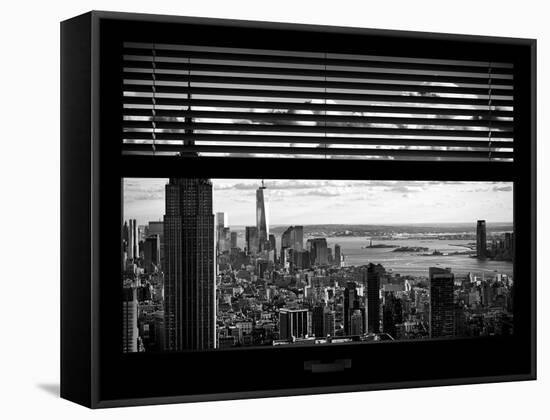 Window View with Venetian Blinds: Landscape Manhattan with Empire State Building (1 WTC)-Philippe Hugonnard-Framed Stretched Canvas