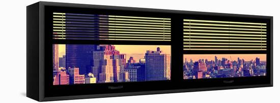 Window View with Venetian Blinds: Landscape of Manhattan at Sunset - the New Yorker Hotel-Philippe Hugonnard-Framed Stretched Canvas