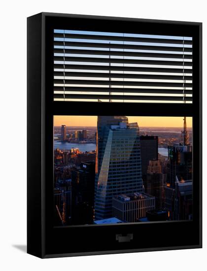 Window View with Venetian Blinds: Landscape Skyscrapers View of Manhattan at Nightfall-Philippe Hugonnard-Framed Stretched Canvas