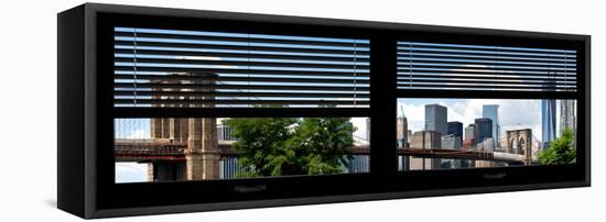 Window View with Venetian Blinds: Lower Manhattan with One World Trade Center and Brooklyn Bridge-Philippe Hugonnard-Framed Stretched Canvas