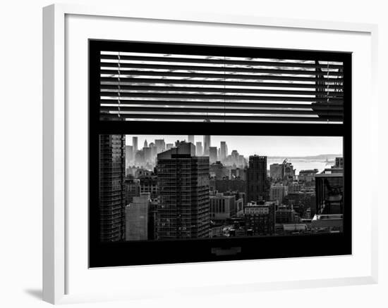 Window View with Venetian Blinds: Manhattan Landscape - One World Trade Center and Liberty Statue-Philippe Hugonnard-Framed Photographic Print