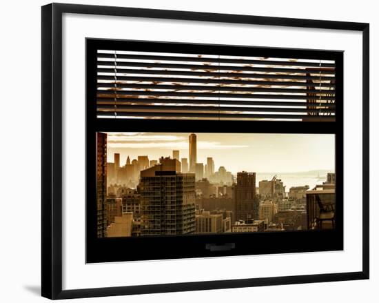Window View with Venetian Blinds: Manhattan Landscape - One World Trade Center and Liberty Statue-Philippe Hugonnard-Framed Photographic Print