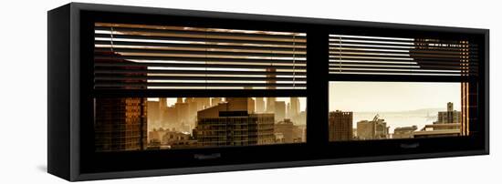 Window View with Venetian Blinds: Manhattan Landscape - One World Trade Center and Liberty Statue-Philippe Hugonnard-Framed Stretched Canvas