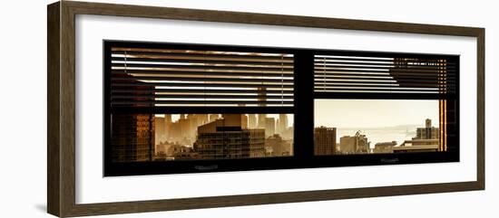 Window View with Venetian Blinds: Manhattan Landscape - One World Trade Center and Liberty Statue-Philippe Hugonnard-Framed Photographic Print