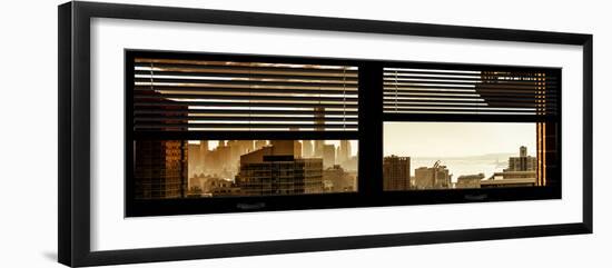 Window View with Venetian Blinds: Manhattan Landscape - One World Trade Center and Liberty Statue-Philippe Hugonnard-Framed Photographic Print