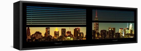 Window View with Venetian Blinds: Manhattan Skyline by Nightfall with the Empire State Building-Philippe Hugonnard-Framed Stretched Canvas