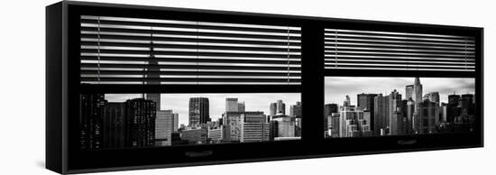 Window View with Venetian Blinds: Manhattan Skylinewith Empire State Building and Chrysler Building-Philippe Hugonnard-Framed Stretched Canvas