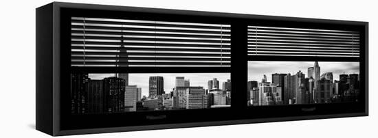Window View with Venetian Blinds: Manhattan Skylinewith Empire State Building and Chrysler Building-Philippe Hugonnard-Framed Stretched Canvas