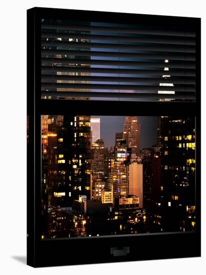 Window View with Venetian Blinds: Manhattan Skyscrapers and Times Square by Night-Philippe Hugonnard-Stretched Canvas