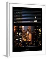 Window View with Venetian Blinds: Manhattan Skyscrapers and Times Square by Night-Philippe Hugonnard-Framed Photographic Print