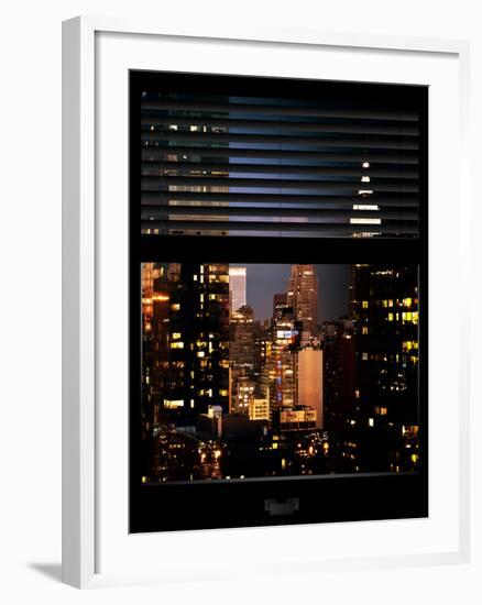 Window View with Venetian Blinds: Manhattan Skyscrapers and Times Square by Night-Philippe Hugonnard-Framed Photographic Print