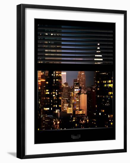 Window View with Venetian Blinds: Manhattan Skyscrapers and Times Square by Night-Philippe Hugonnard-Framed Photographic Print