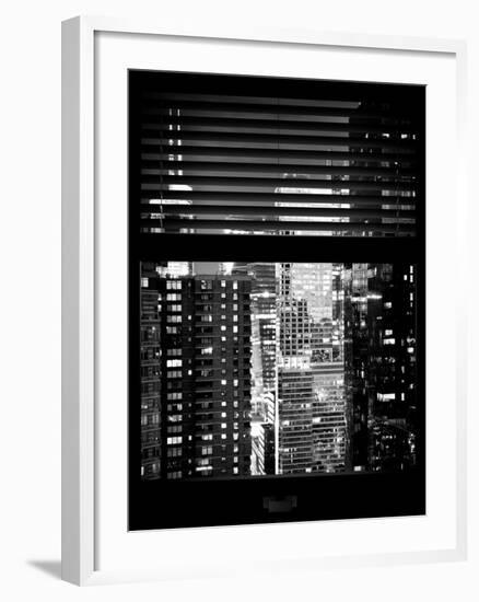 Window View with Venetian Blinds: Manhattan Skyscrapers and Times Square by Night-Philippe Hugonnard-Framed Photographic Print