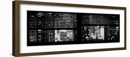 Window View with Venetian Blinds: Manhattan Skyscrapers and Times Square by Night-Philippe Hugonnard-Framed Photographic Print