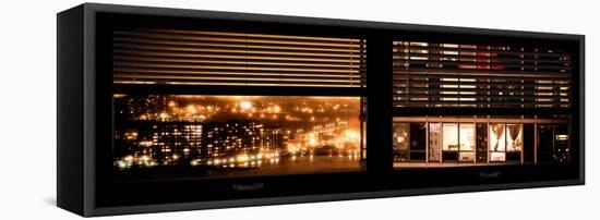 Window View with Venetian Blinds: Neighborhoods in Manhattan by Night - Hudson River-Philippe Hugonnard-Framed Stretched Canvas