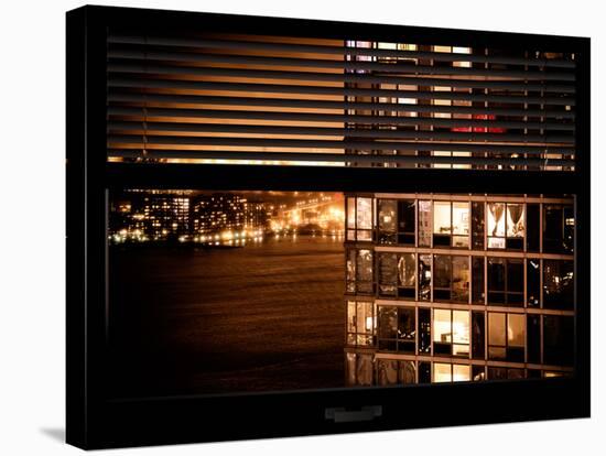 Window View with Venetian Blinds: Neighborhoods in Manhattan by Night - Hudson River-Philippe Hugonnard-Stretched Canvas