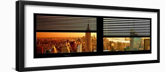 Window View with Venetian Blinds: NYC Midtown Landscape with Empire State Building at Sunset-Philippe Hugonnard-Framed Photographic Print