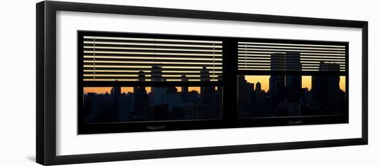 Window View with Venetian Blinds: Panoramic Format - New York City Manhattan Skyline at Dusk Sun-Philippe Hugonnard-Framed Photographic Print