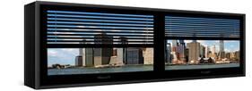 Window View with Venetian Blinds: Panoramic Landscape of Lower Manhattan Buildings - New York-Philippe Hugonnard-Framed Stretched Canvas