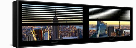 Window View with Venetian Blinds: Panoramic Skyline NYC with the Empire State Building and 1WTC-Philippe Hugonnard-Framed Stretched Canvas