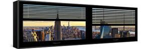 Window View with Venetian Blinds: Panoramic Skyline NYC with the Empire State Building and 1WTC-Philippe Hugonnard-Framed Stretched Canvas
