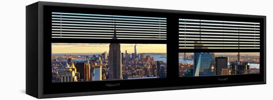 Window View with Venetian Blinds: Panoramic Skyline NYC with the Empire State Building and 1WTC-Philippe Hugonnard-Framed Stretched Canvas