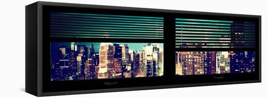 Window View with Venetian Blinds: Panoramic View - 42nd Street and Times Square at Night-Philippe Hugonnard-Framed Stretched Canvas