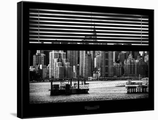 Window View with Venetian Blinds: Skyline Lower Manhattan with Chrysler Building-Philippe Hugonnard-Framed Stretched Canvas