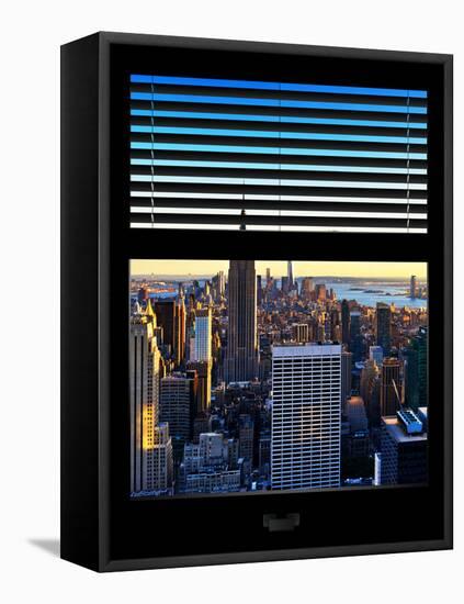 Window View with Venetian Blinds: Skyline NYC with the Empire State Building and 1WTC at Sunset-Philippe Hugonnard-Framed Stretched Canvas