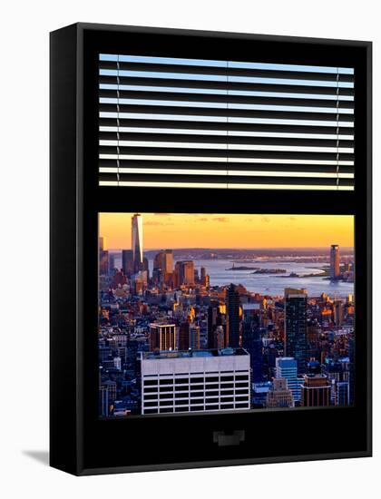 Window View with Venetian Blinds: Skyline of Manhattan at Sunset-Philippe Hugonnard-Framed Stretched Canvas