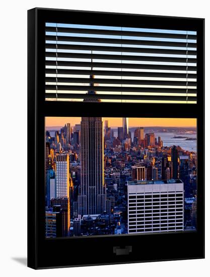 Window View with Venetian Blinds: Skyline of Manhattan at Sunset-Philippe Hugonnard-Framed Stretched Canvas