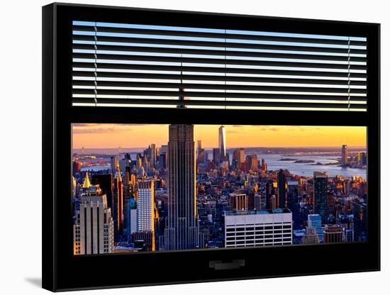 Window View with Venetian Blinds: Skyline of Manhattan at Sunset-Philippe Hugonnard-Framed Stretched Canvas