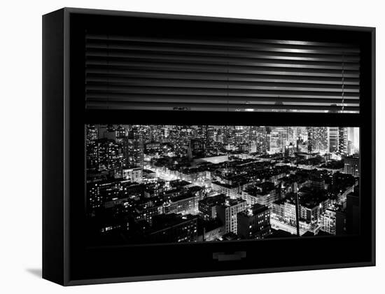 Window View with Venetian Blinds: Skyscrapers and Buildingsand Times Square by Night-Philippe Hugonnard-Framed Stretched Canvas