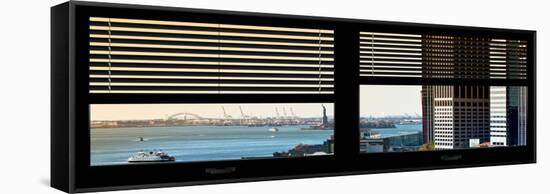 Window View with Venetian Blinds: South Street Seaport View with Statue of Liberty-Philippe Hugonnard-Framed Stretched Canvas