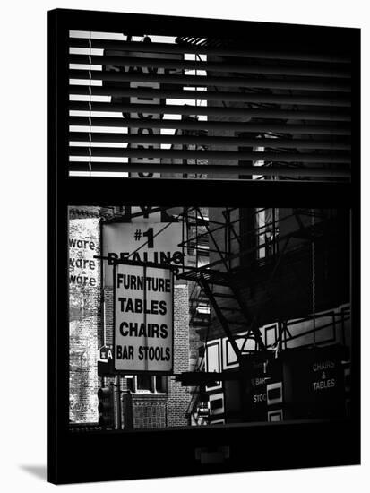 Window View with Venetian Blinds: Street View - Old Wall Commecial Advertisements with Fire Escape-Philippe Hugonnard-Stretched Canvas