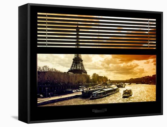 Window View with Venetian Blinds: the Eiffel Tower and Seine River Views at Sunset - Paris, France-Philippe Hugonnard-Framed Stretched Canvas