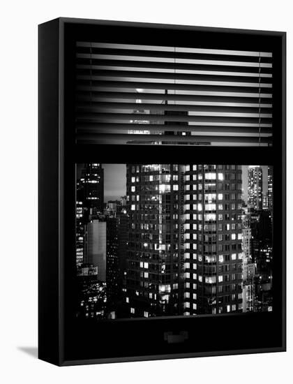 Window View with Venetian Blinds: the Empire State Building and Sign Hotel New Yorker - Manhattan-Philippe Hugonnard-Framed Stretched Canvas