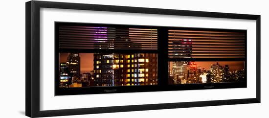 Window View with Venetian Blinds: the Empire State Building lit up in Pink and Red-Philippe Hugonnard-Framed Photographic Print