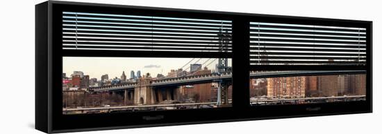 Window View with Venetian Blinds: the Manhattan Bridge with the Empire State Building-Philippe Hugonnard-Framed Stretched Canvas